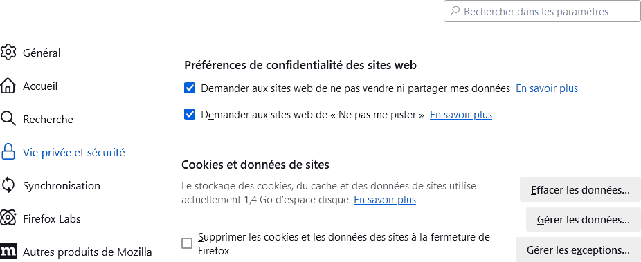 Firefox : demander aux sites de ne pas me traquer